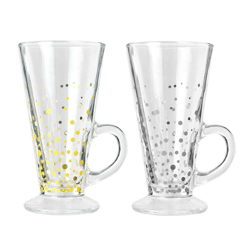 Latte coffee mug set, set of 4PCS, 2 glass mugs, 2 stainless steel spoons, golden dots decal