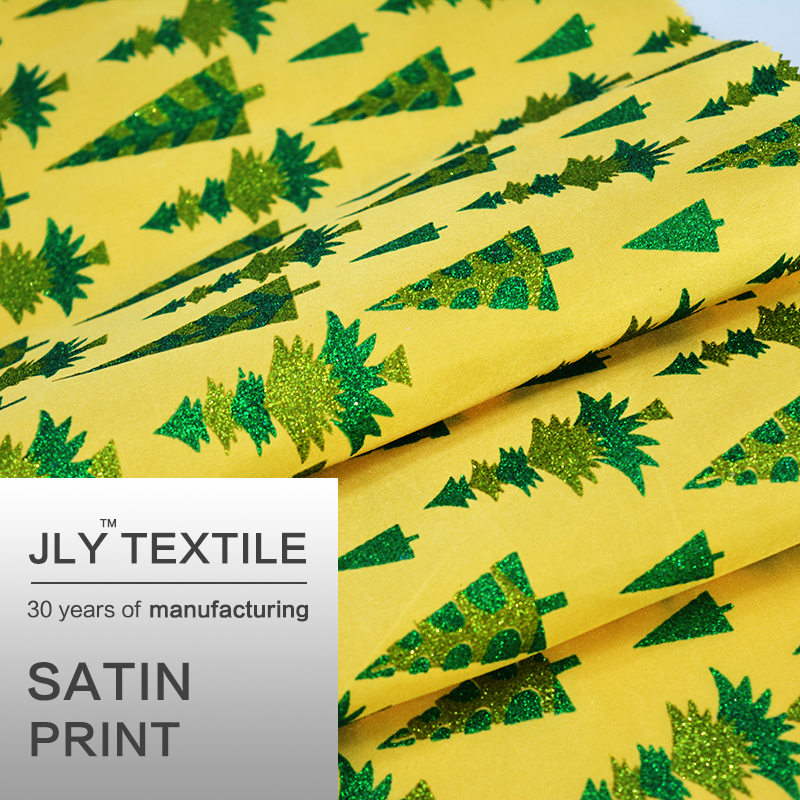 JLY Yellow Satin Fabric, Christmas Tree Pattern Print For Costume Dress Gown Home decor Party Event Holiday Decorations