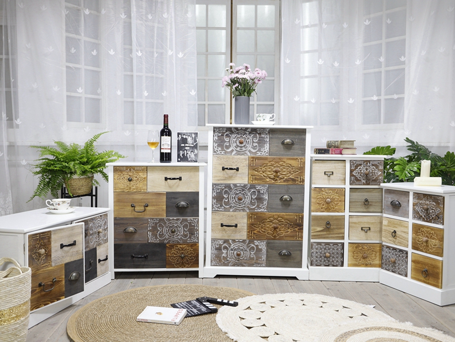 Carved drawer storage range