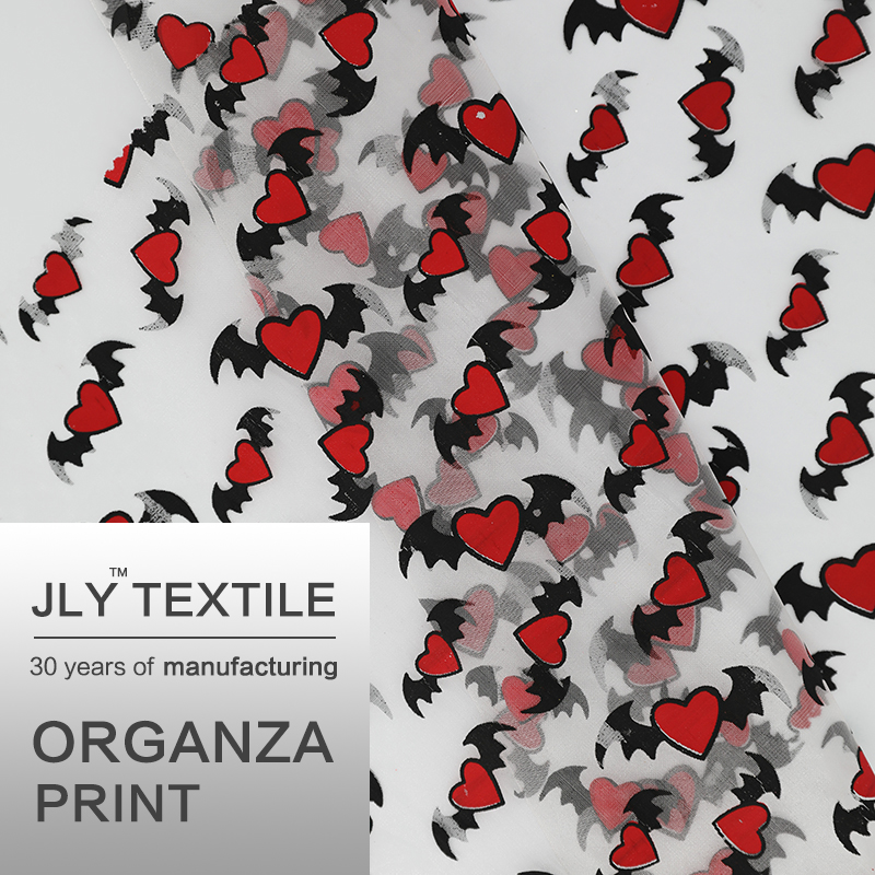 JLY Organza Fabric, Heart Pattern Print Red For Wedding Party Gift Decorations