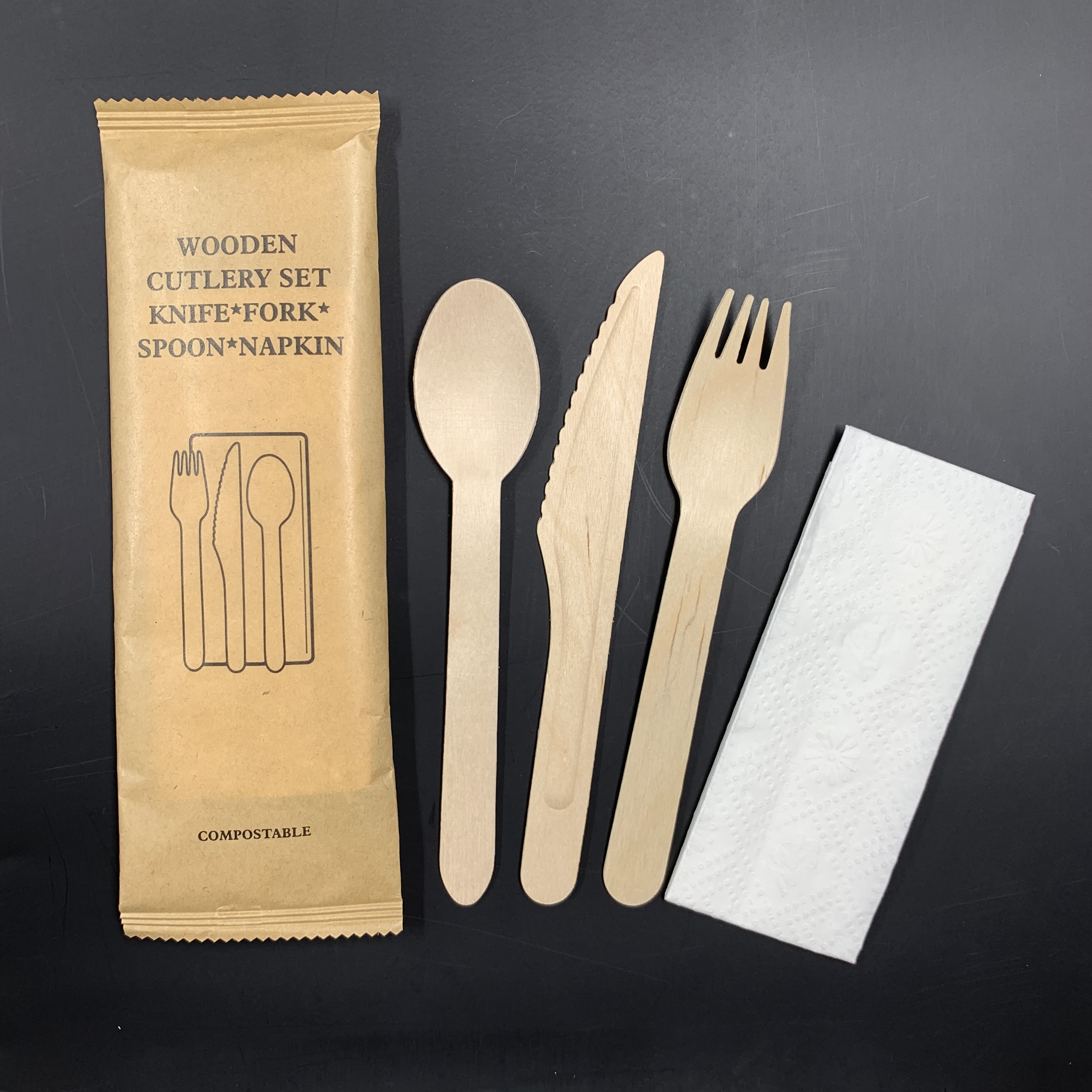 wooden disposable cutlery set pack YD-KIT 4 in 1