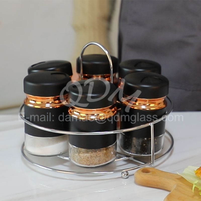 Glass seasoning/Spice round bottle with metal cover and round metal stand set in 6 pcs