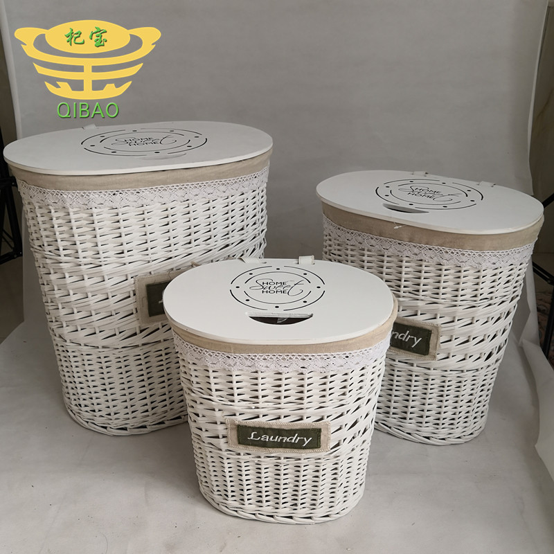 S/3 half willow laundry basket with wooden cover