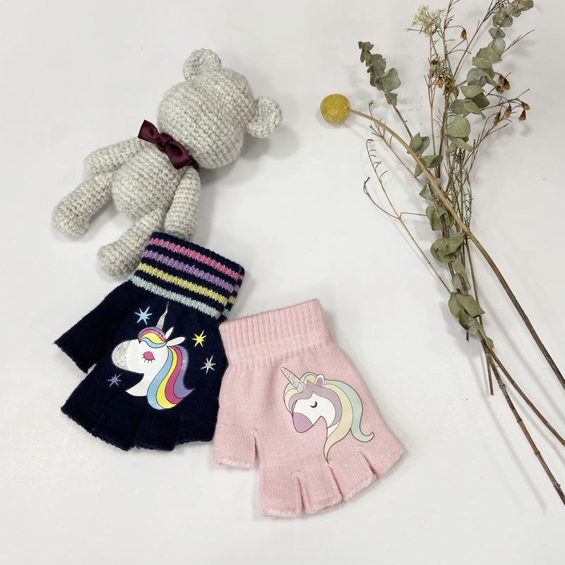 Girls' Print Knitted Half Finger Glove colorful winter warm soft fashion gloves