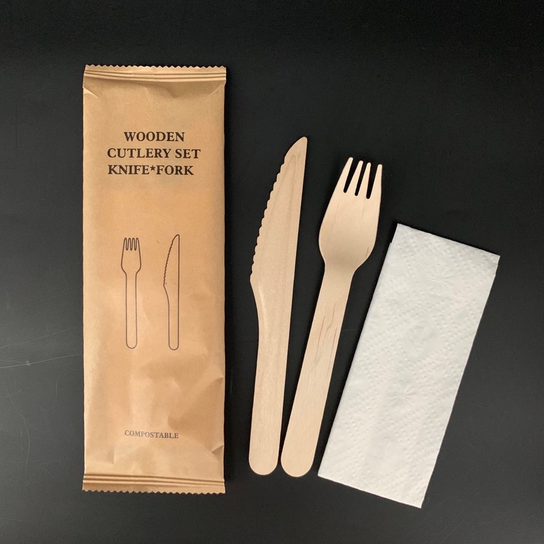 wooden disposable cutlery set pack YD-KIT 3 in 1