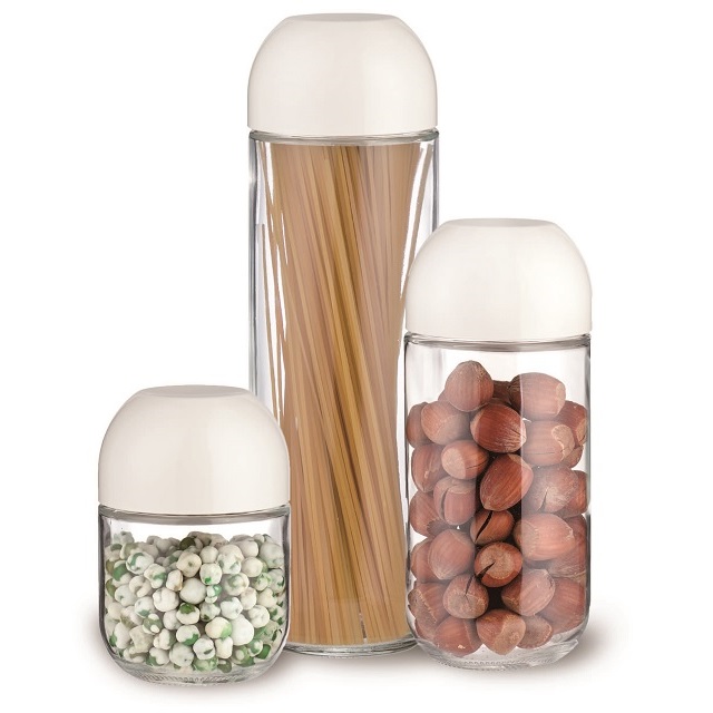 Hot selling glass storage jar set with measuring lid, Set of 3 glass storage canister in twisting lid