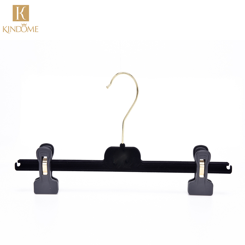 Black color plastic velvet pants hanger with clips