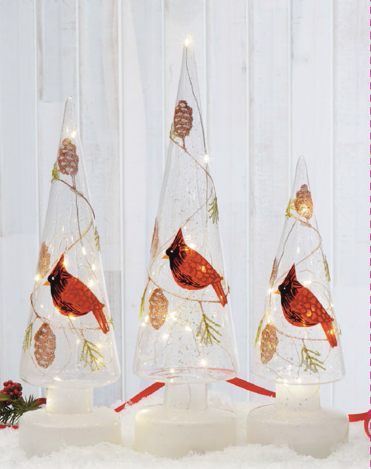 LED Glass Christmas Tree with Handpainted Cardinal Pattern