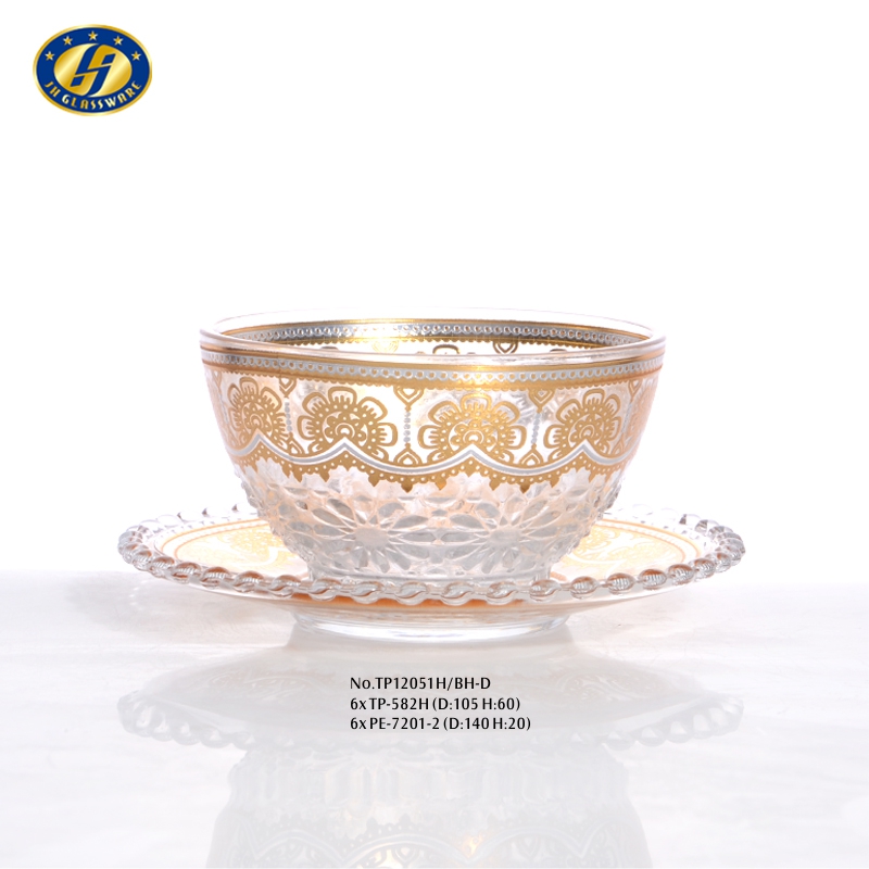 10.5cm Bowl+14cm Saucer Beads Design 12pcs Bowl And Saucer Set With Golden Decal