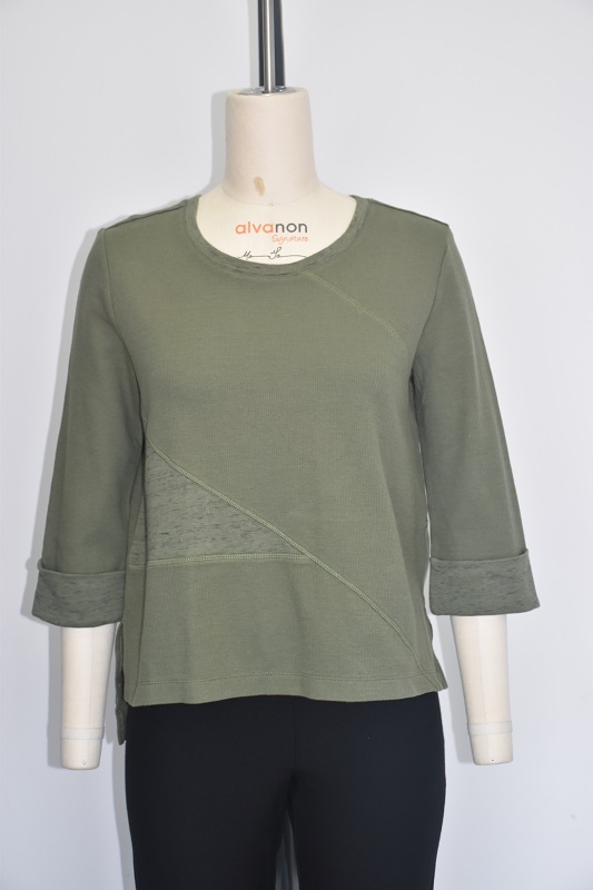 Knit 100%cotton Waffle Double Face Fabric,round Neck 3/4 Sleeve Top