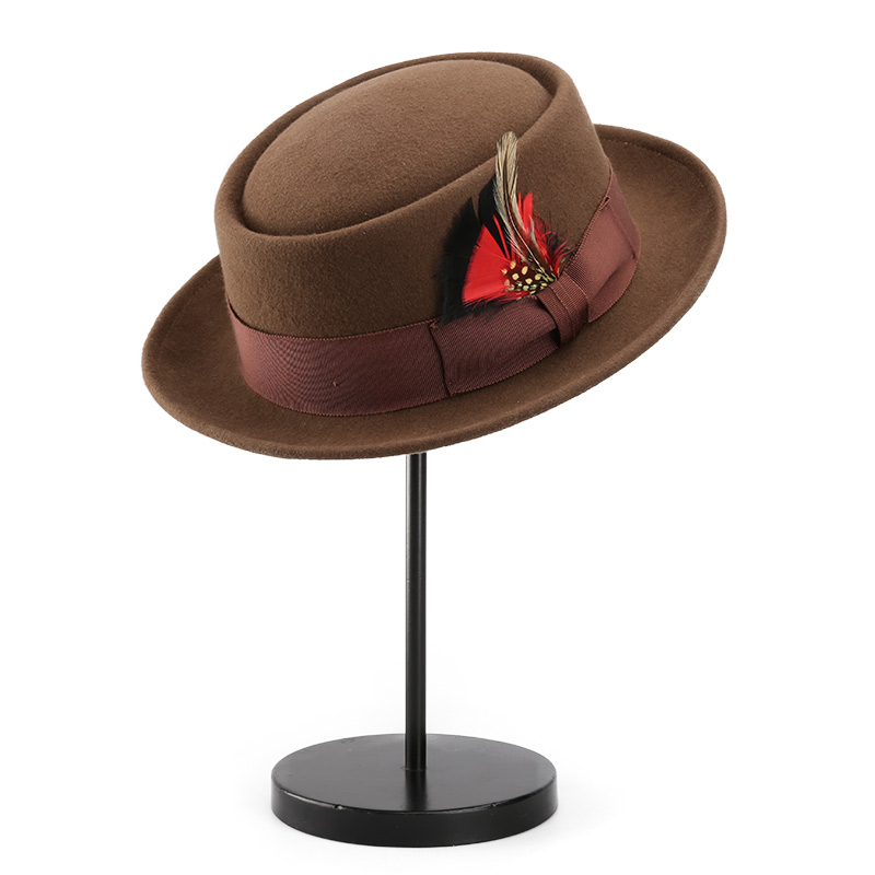 Classic Feather Trim Pork Pie Hat Men Wool Felt Hat