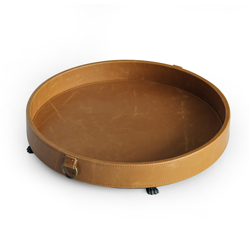 Brown round leather covered storage catchall serving tray