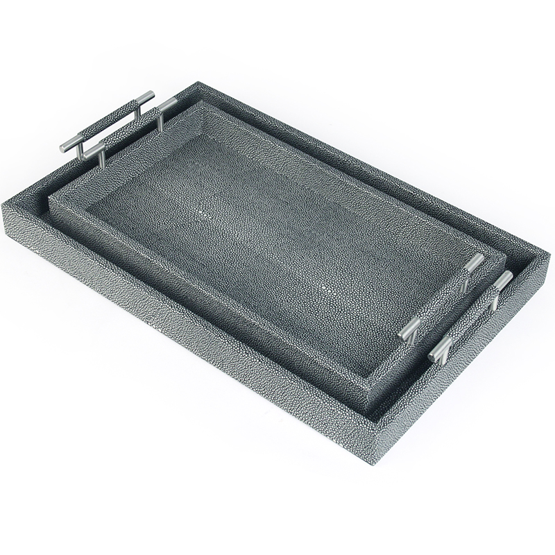 shagreen leather serving tray with metal handle