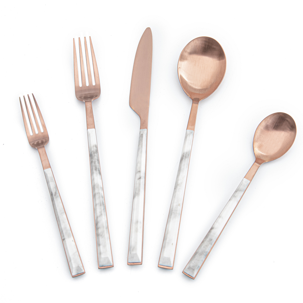 Stainless steel matter rose gold flatware cutlery set with marble plastic handle