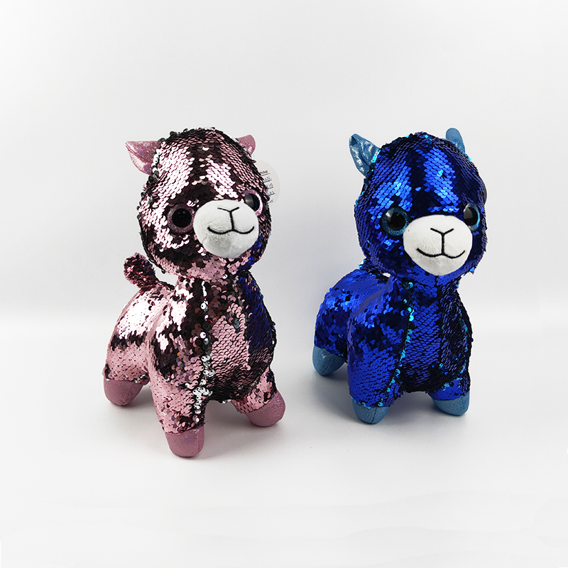 Plush standing llama toy soft stuffed revervible sequins llama plush big shinny eyes alpaca