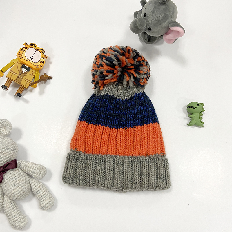 Kh35 Boys Stripe Winter Hat Warm Beanie Hat With Pompom