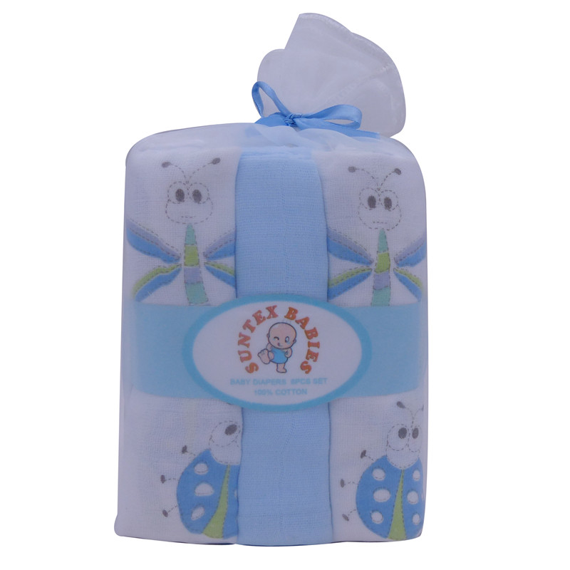 Dragonfly printed 5pcs set 100% Cotton Baby Muslin Nappies