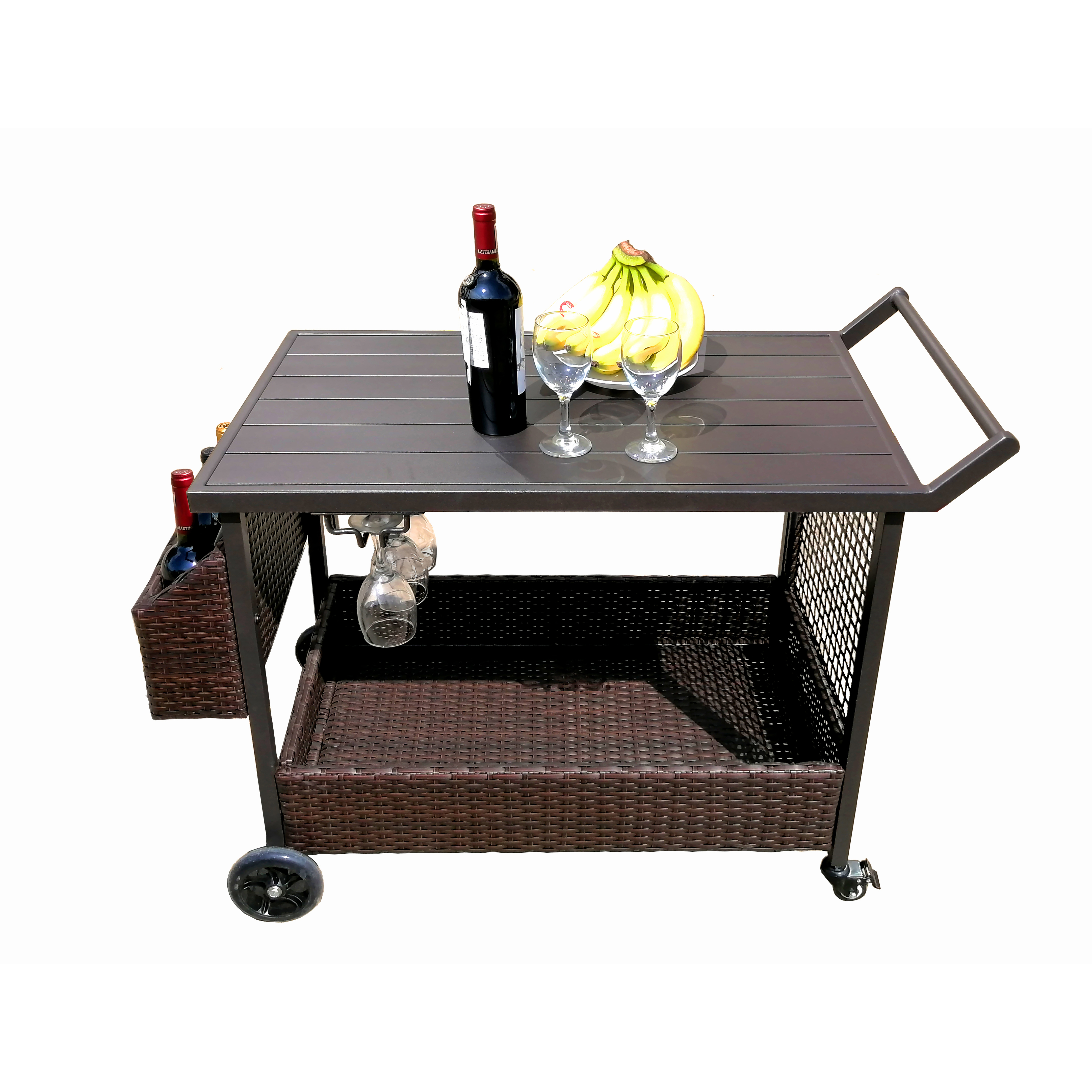 Alluminum wicker rolling serving cart
