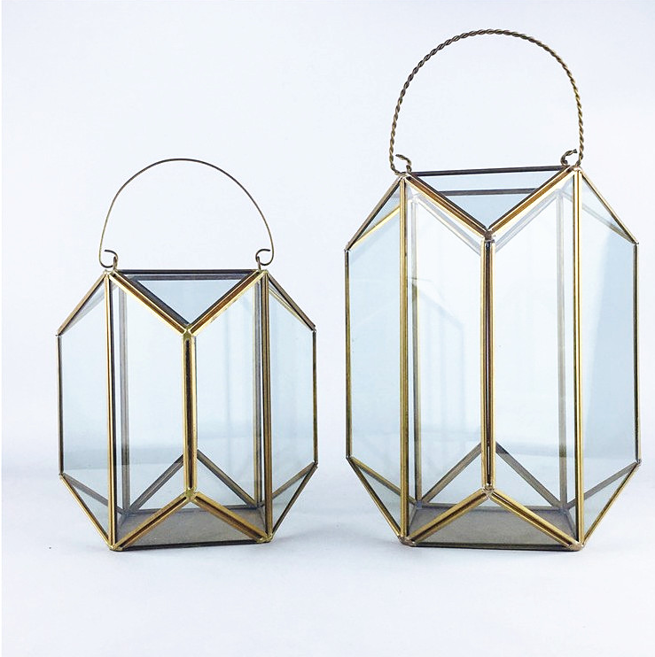 Vintage Portable Copper lantern Geometric Candle Lantern Candle Holder For Wedding Home Decoration