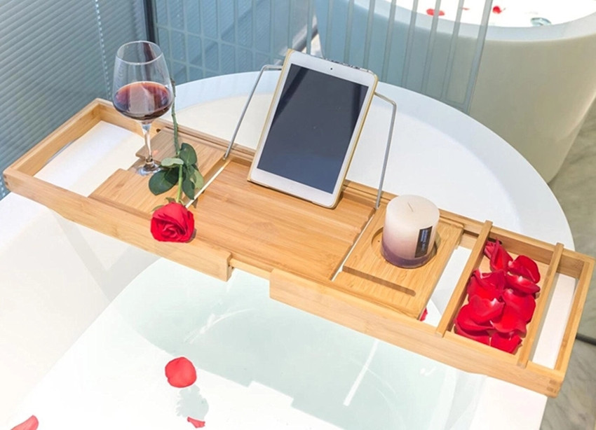 Bamboo Adjustable Luxury Caddy Tray Bathtub Board and Caddy with Extend Side