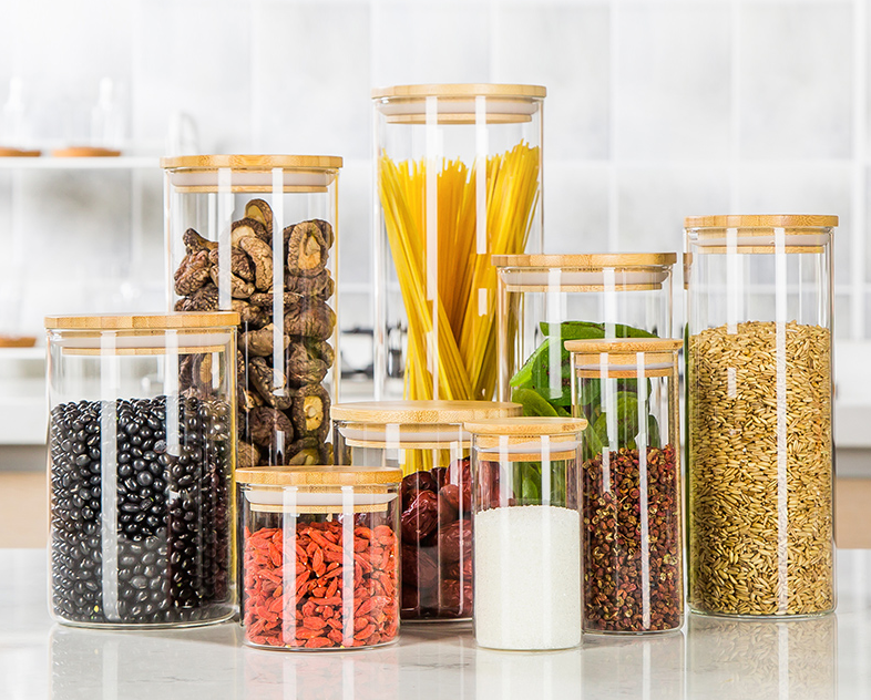 Food packaging glass jar with bamboo wooden lid for coffee bean/tea-leaf storage made of borosilicate glass