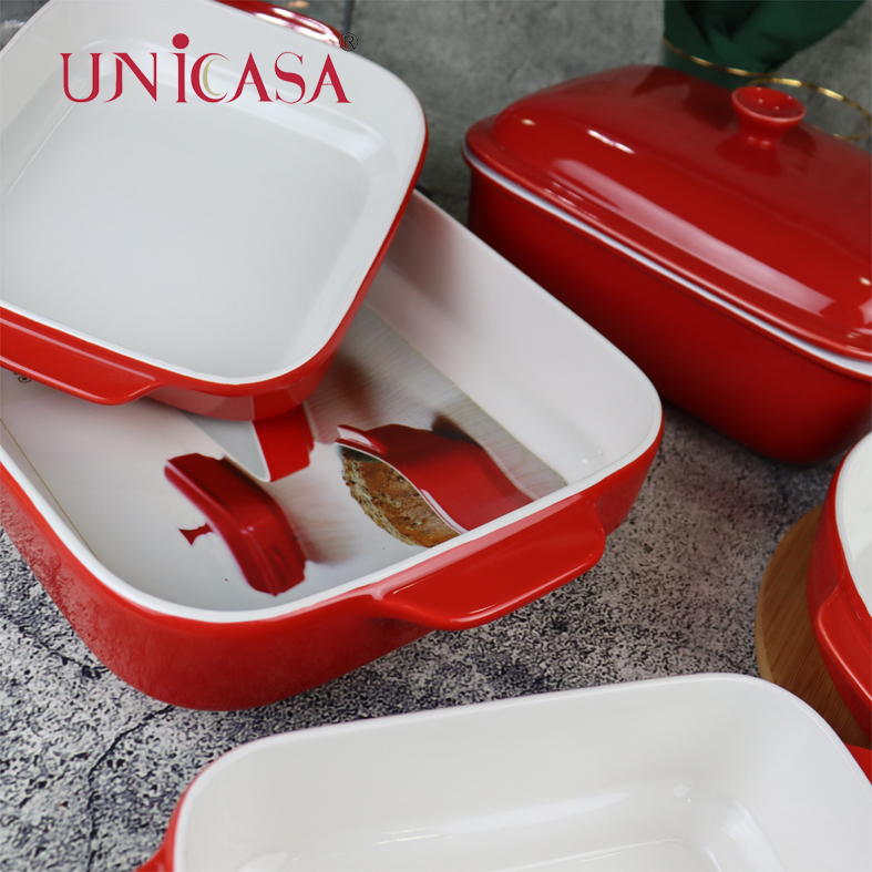 6-Piece Ceramic Bakeware dinnerware Ceramic bakeware Set Casseerole with lid oven baking tray rectangular baker oval baking pan pie dish square baker loaf pan set in Red Color