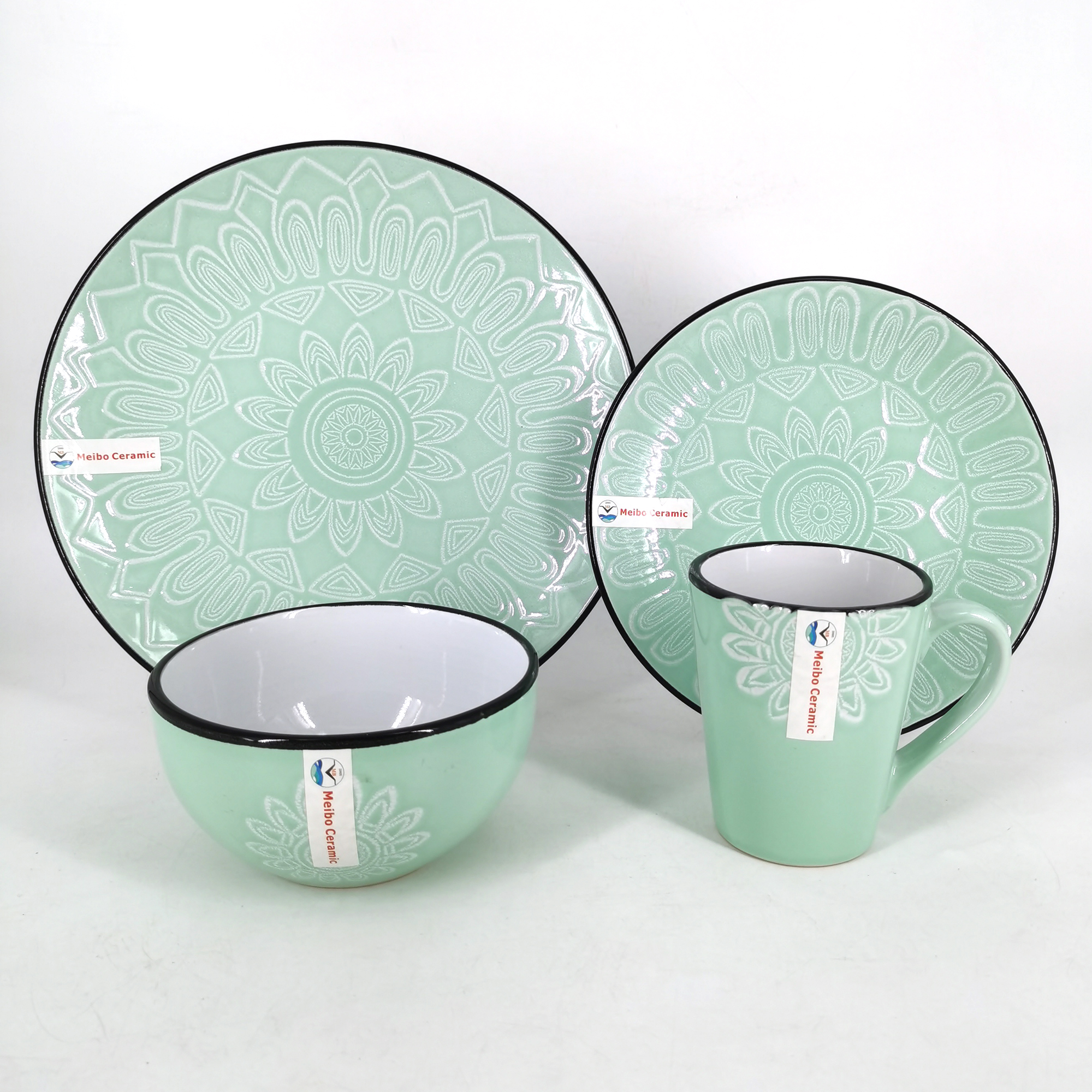 Green stoneware embossed reactive 16pc dinner set