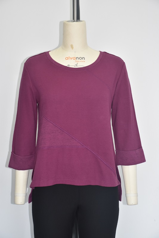 Knit 100%cotton Waffle Double Face Fabric,round Neck 3/4 Sleeve Top
