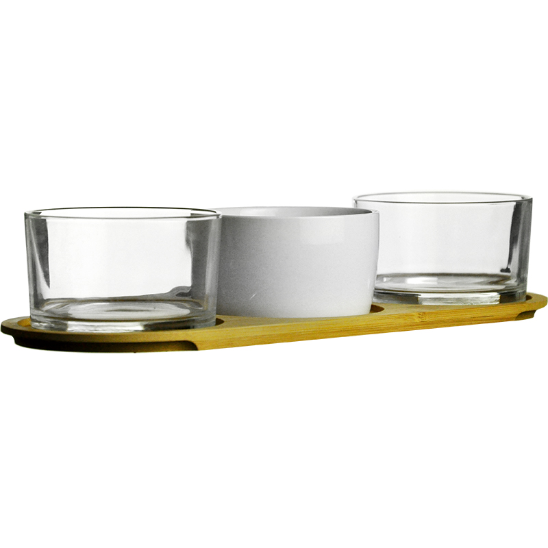 Serving set, set of 4PCS, 2 glass dishs, 1 porcelain dish, 1 bamboo tray