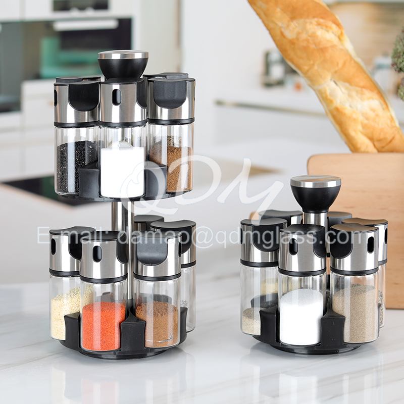 Set of 12/6 glass spice jar with rotary metal stand