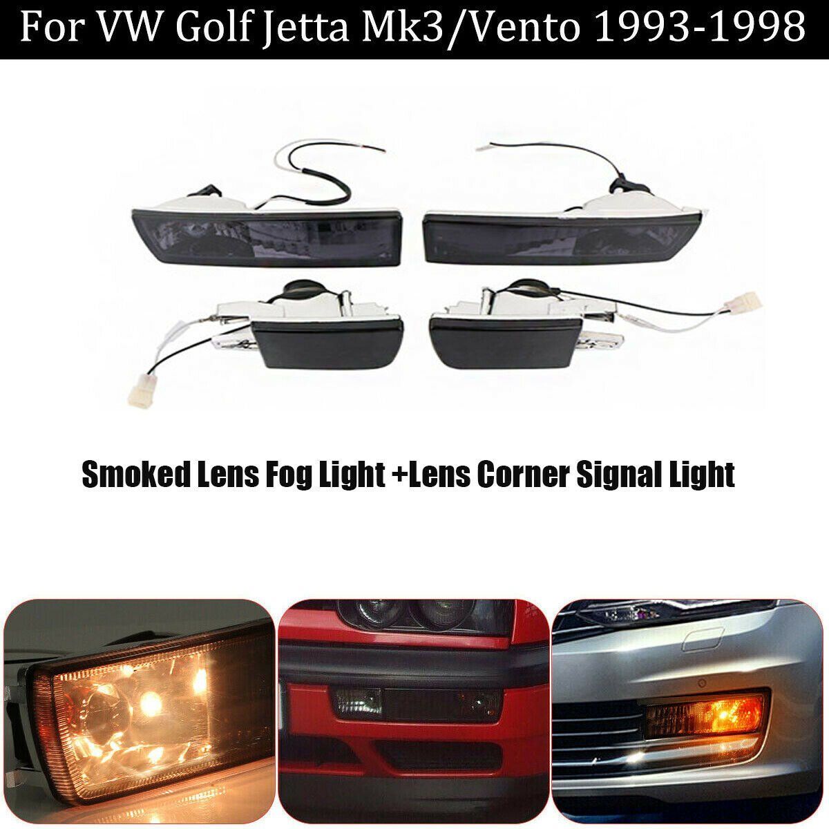 L+R Smoked Front Bumper Fog Light+Turn Signal Lamp Fit For VW Jetta MK3 Golf 93-98