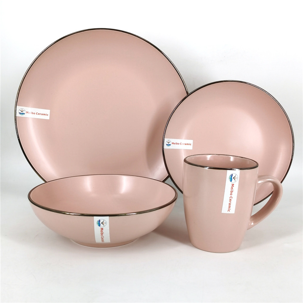 Stoneware pink solid color glazed with golden line 16pcs dinner s