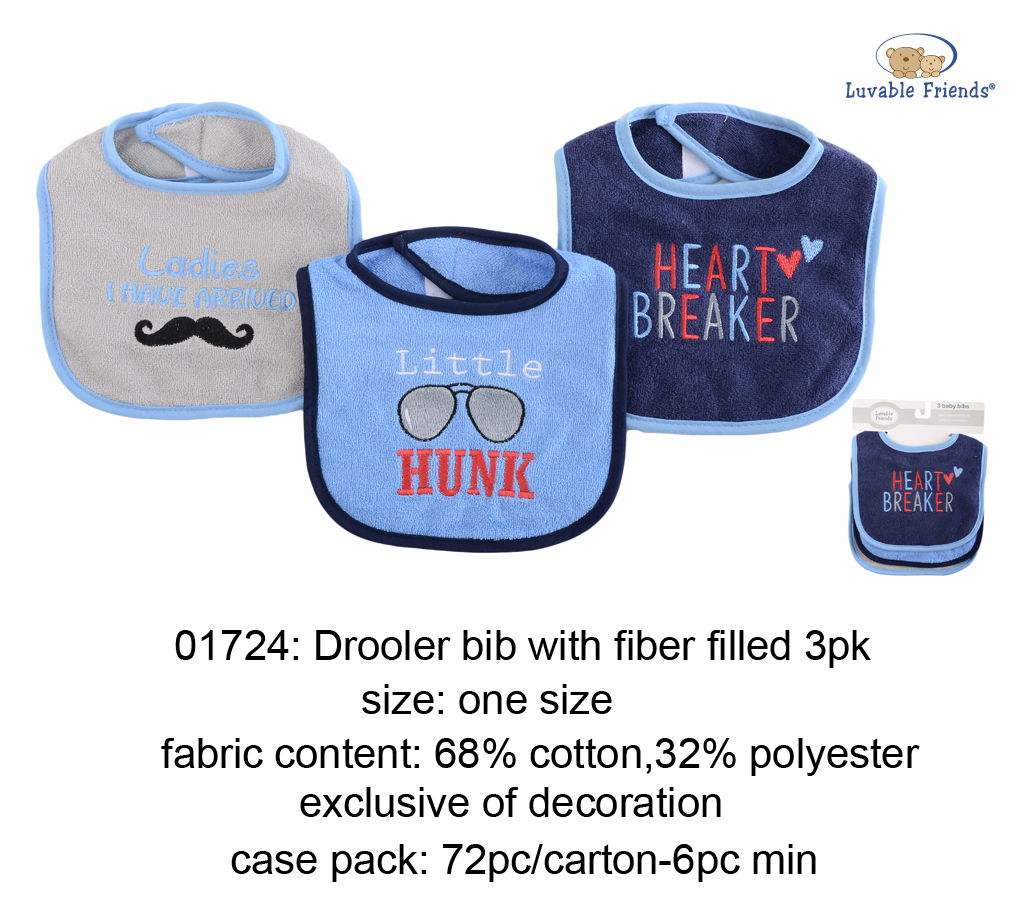 3PK Drooler Bibs- 2 layers terry with polyfill padded