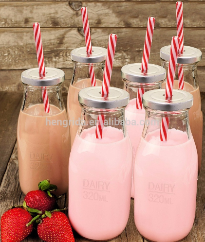 10.5 oz clear Dairy Reusable Glass Milk Bottle with Straw and Metal Lid