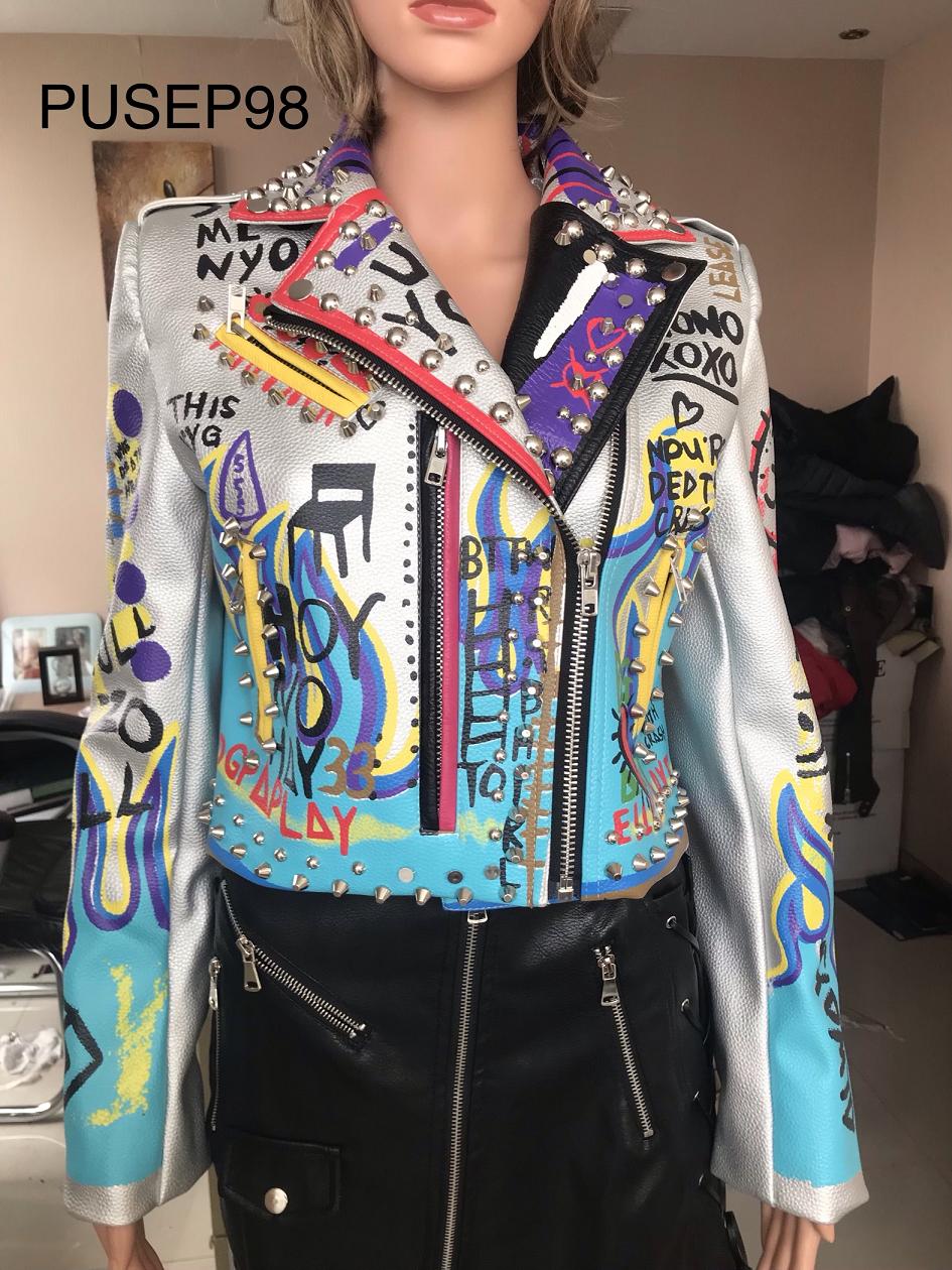 Ladies Print Embroider With Studs Pu Jacket