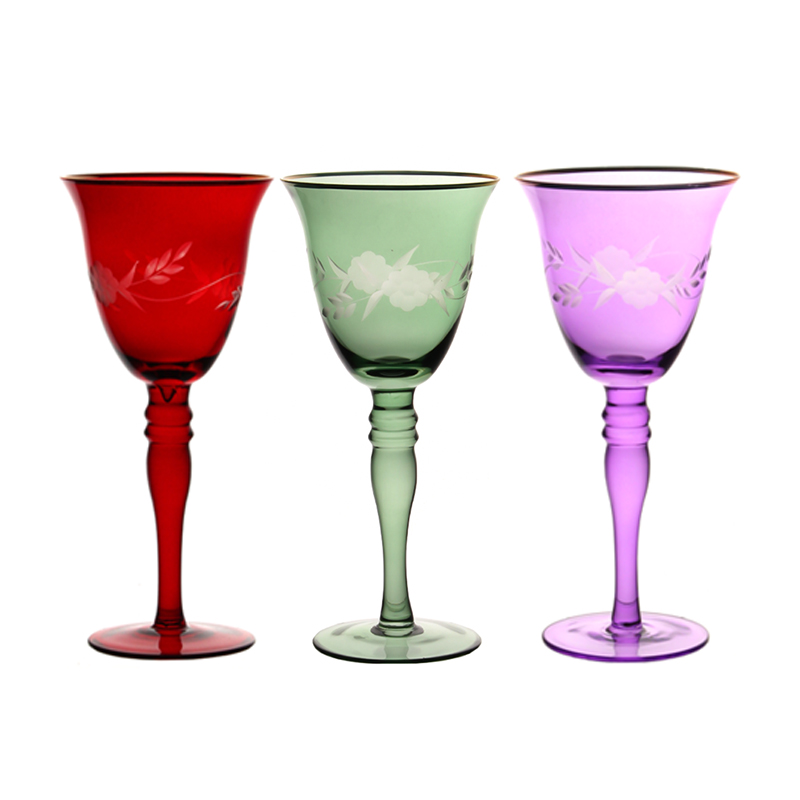Colorful goblet wine glass & candle holder with gold rim and carved designs