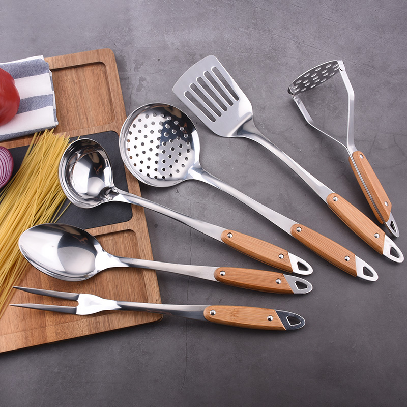 Eco-friendly Bamboo Handle 6pcs Stainless Steel Kitchen Cooking Utensil Set