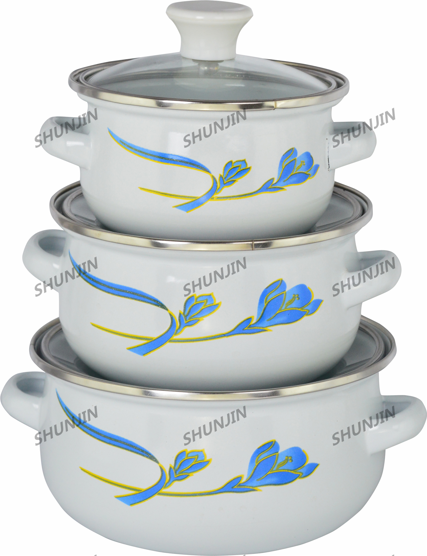 3pcs Mini Pot w/Glass cover & Enamel Handle Decorated light color