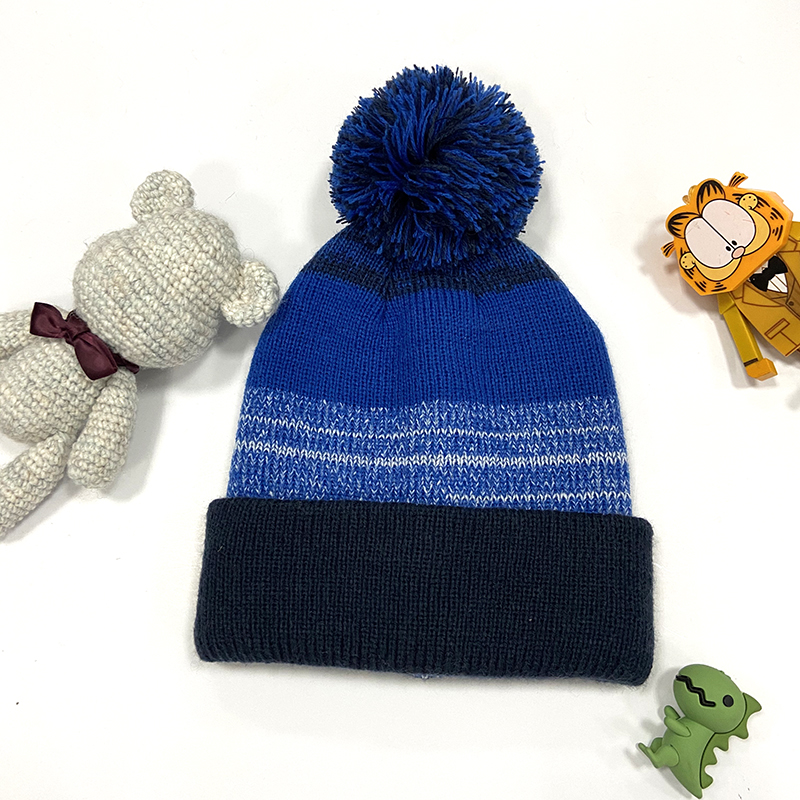 Boys Stripe Winter Warm Beanie Hat With Pompom