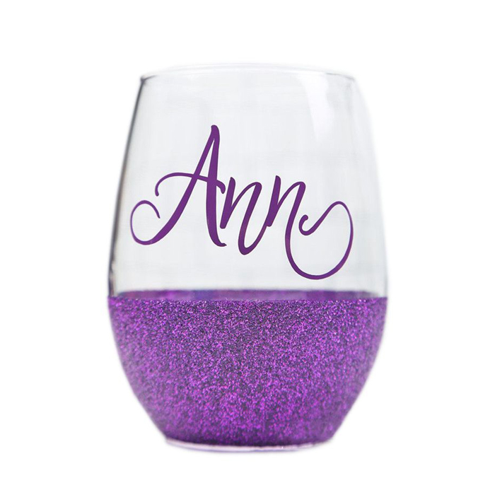 Customized logo purple blue gold egg glass dipped stemless glitter wine glasses