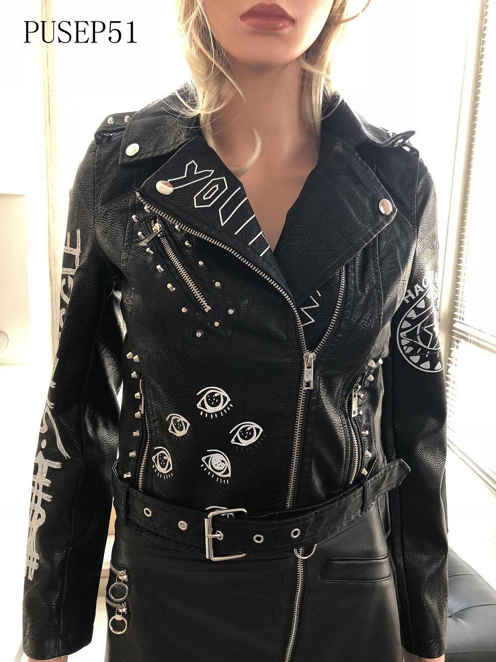 Ladies Print Embroider With Studs Pu Jacket
