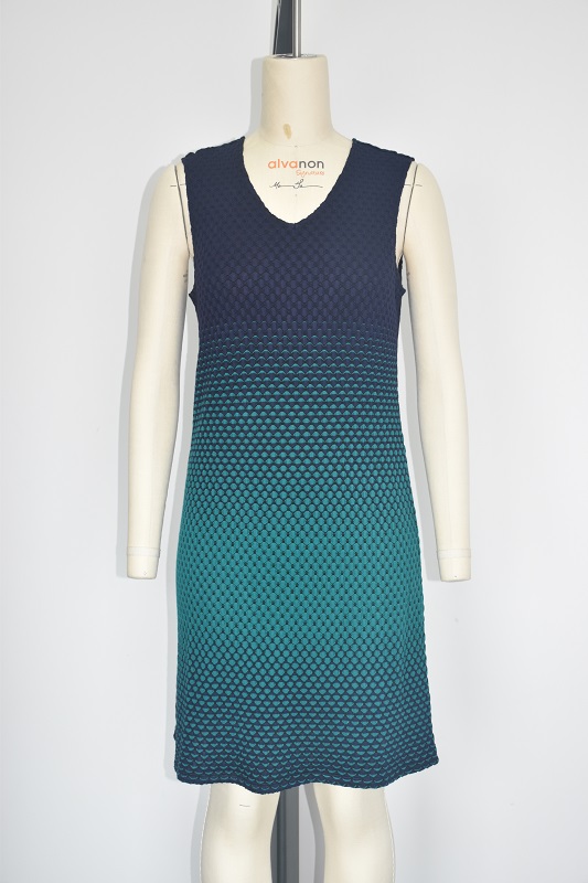 Knit 78%rayon 19%polyester 3%spandex Blue/Black Placement Jacqard,v Neck Sleeveless Dress