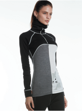 Merino wool Half Zip Lady Top with flock printing / merino / wool