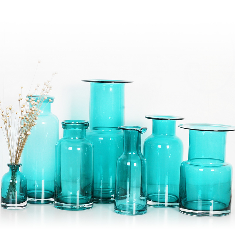 American style simple blue glass flower vase transparent hydroponic plant container decorations