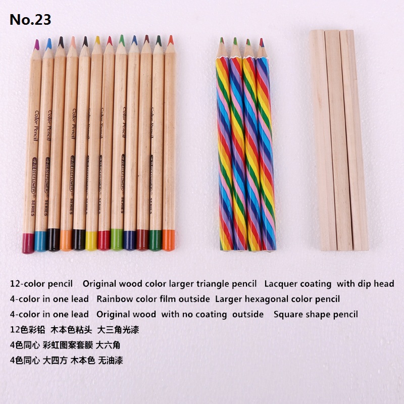 12-Color pencil Original wood color Dip head /4-Color in one lead Rainbow color film outside /4-Color in one lead Larger square shape no coating