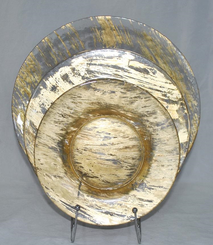 Set Of 3 Glass Charger Plates With Gold Foil Decorations