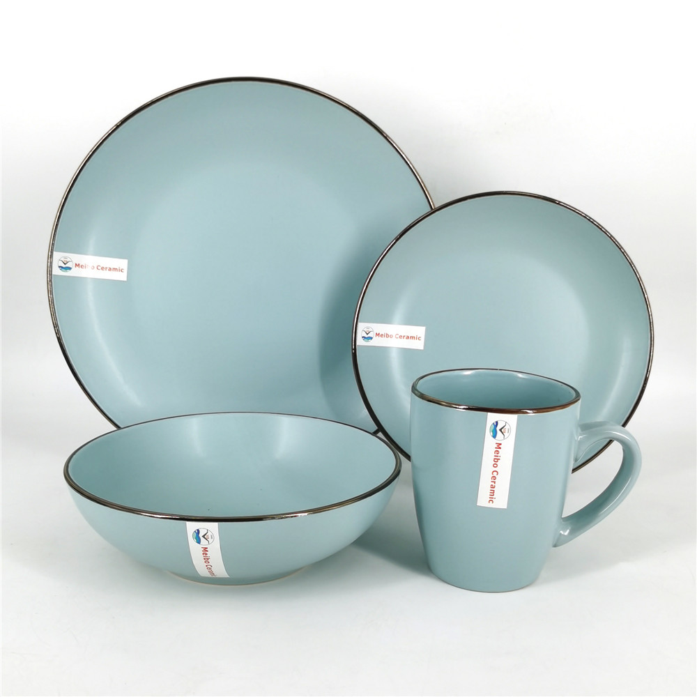 Stoneware blue solid color glazed with golden line 16pcs dinner set