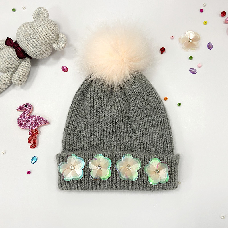 Girls Flower Beanie Hat With Fur Pompom