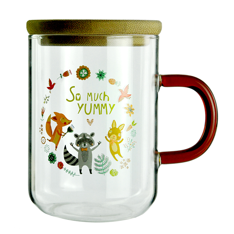 Color handled borosilicate glass mug with baboo lid and decal, Fox and rabbit, stackable