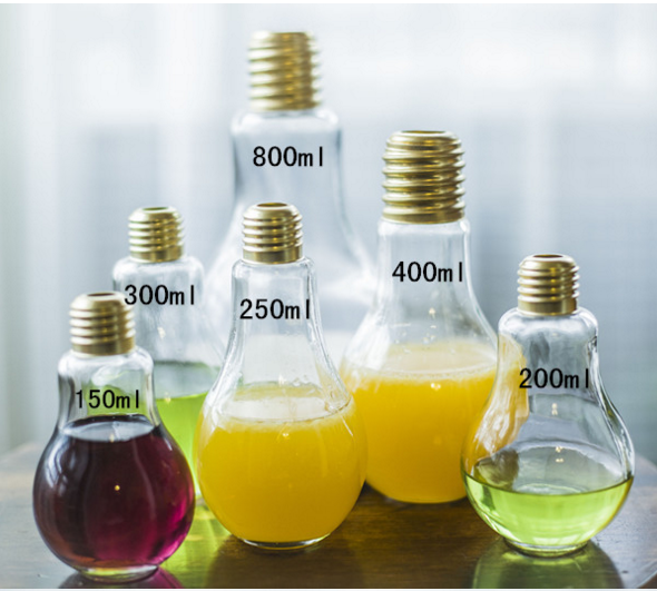 150ml/200ml/250ml/300ml/400ml/800ml Bulb Glass Beverage/Milk/Coffee Bottles With Sliver/Golden Screw Cap and Plastic Straws